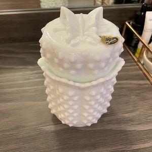 Fenton milk glass butterfly candy jar